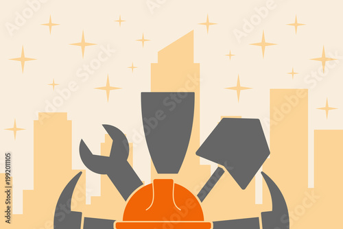 Construction Tools and City Skyline Illustration with Hard Hat. Workers Tools Icon Vector Background