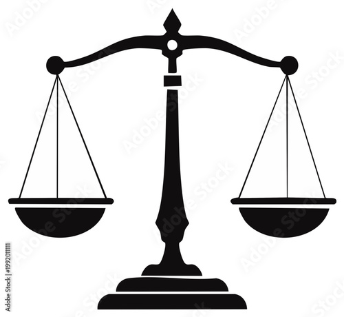 Black and white symbol of justice with scales in balance, representing law and fairness.