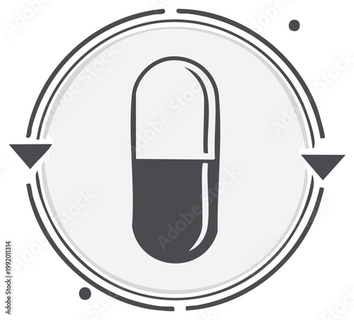 Monochrome vector icon of a medical pill capsule within a circular refresh symbol, indicating health process or cycle.