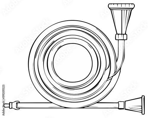 Ornate vintage hunting horn musical instrument detailed line drawing