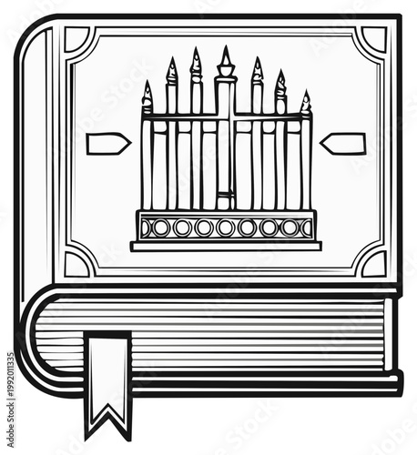Illustrative ancient book with ornate candelabra on cover, drawing