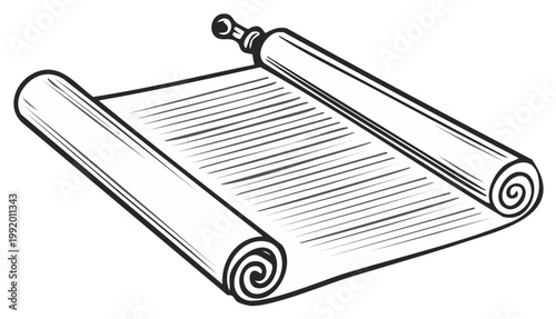 Ink drawing of a rolled scroll with text and its unrolled portion