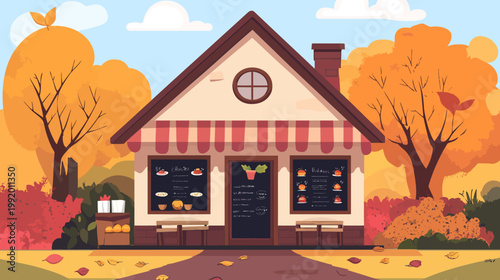 An illustration depicting an autumn cafe set within an autumnal landscape with trees and bushes