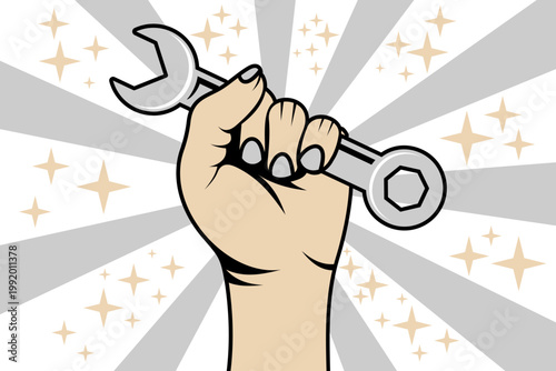 Hand Holding Wrench Retro Vector Illustration for Labor and Repair Background. May Day Labor Day Vector Background