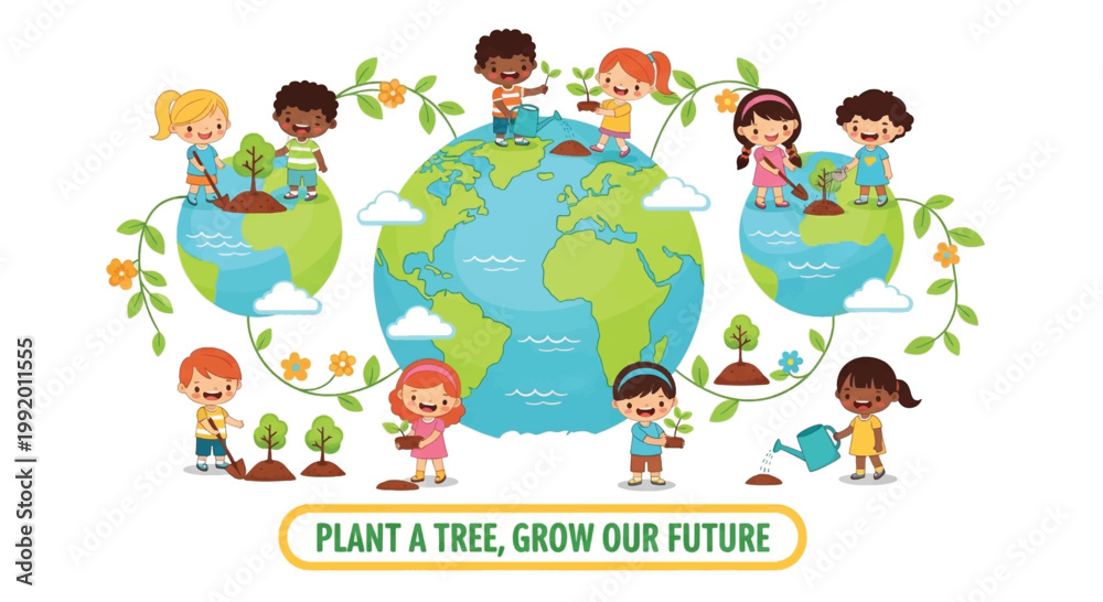 Obraz premium Eco friendly children, kids plant trees, globe conservation vector illustration, environmental awareness, sustainable future