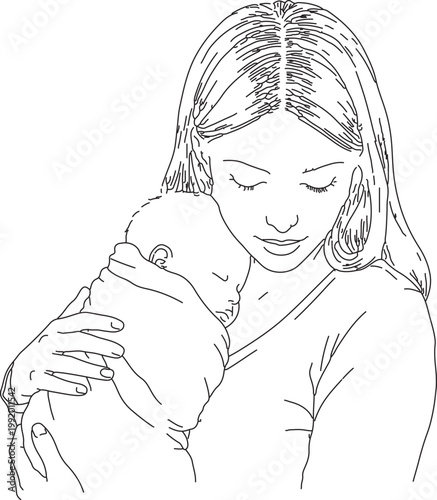 Woman with long wavy hair holding a white smartphone in black and white line portrait line long hair