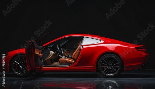 Sleek red sports car in dark studio, driver-side door open revealing brown leather interior, glossy aerodynamic contours, alloy wheels, and luxurious design details highlighted by dramatic lighting.