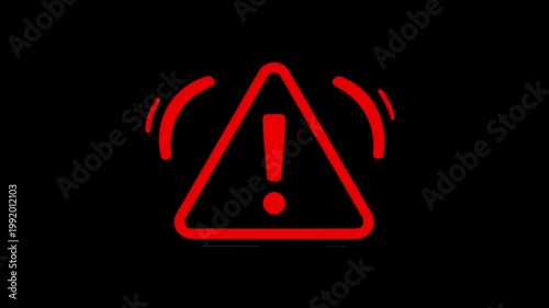 A large glowing red triangle warning symbol with an exclamation mark. Minimalist alert icon with sound wave or vibration lines, isolated on a solid black background for security, error, or emergency U