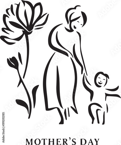 Mother's Day Illustration with Mother and Child Walking Near Flowers Linear Art