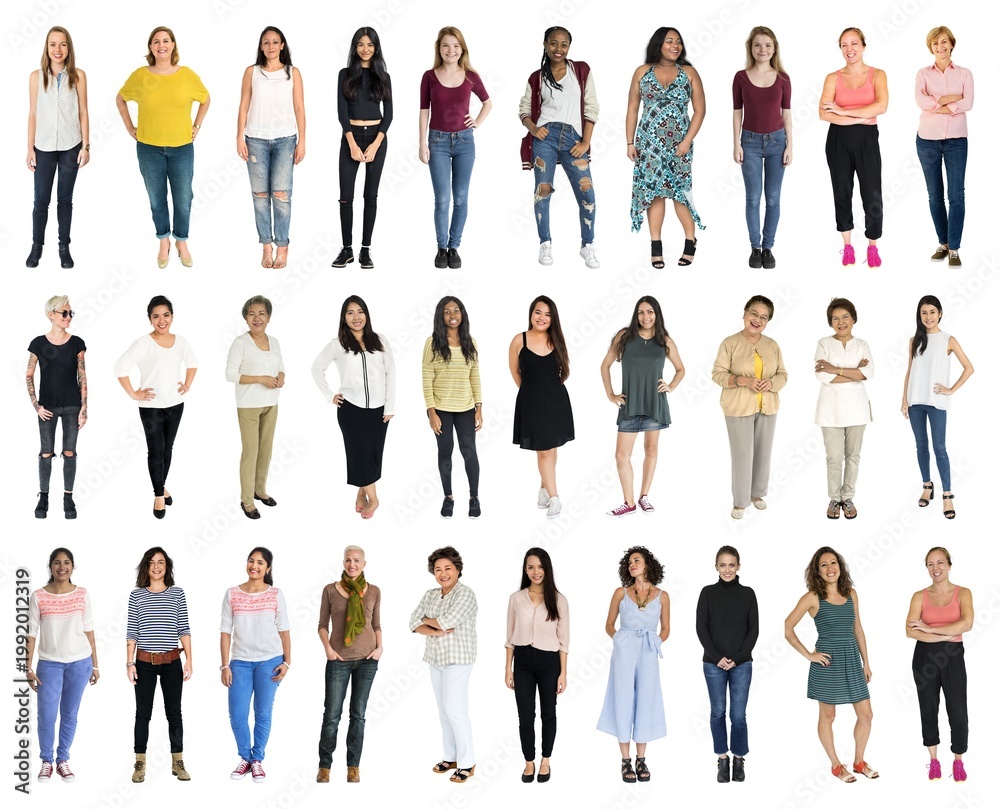 Fototapeta premium Diverse women standing together element set isolated on white