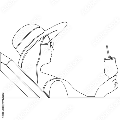 Continuous one single line drawing Woman relaxing on beach holding tropical cocktail enjoying summer vacation icon vector illustration concept