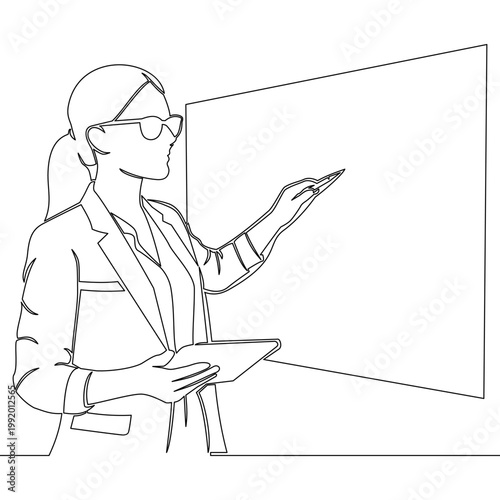 Continuous one single line drawing Businesswoman with tablet pointing at blank board for presentation icon vector illustration concept