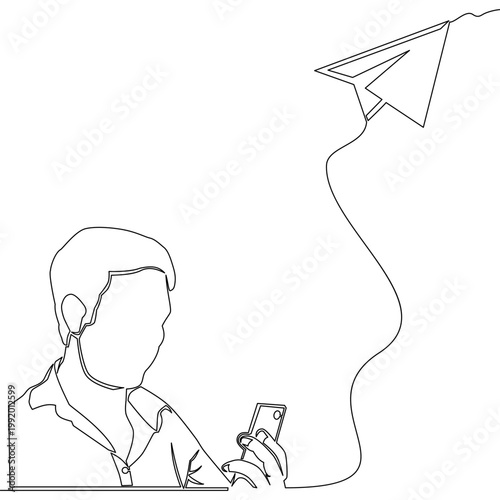 Continuous one single line drawing Man using smartphone as paper airplane flies away symbolizing communication and digital messaging icon vector illustration conceptvector, continuous, one, line, draw