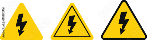 High Voltage Warning icon. Electrical shock and danger symbols. Lightning bolt in triangle sign. Power hazard and lightning bolt design. Technology icons
