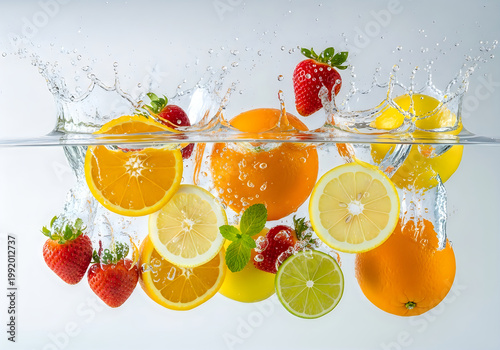 Fresh fruits floating in vibrant citrus-infused water