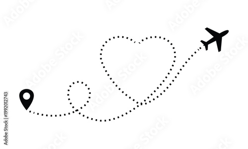 Aircraft flight path with dotted line forming heart shape between map pin and airplane icon representing travel and romance.