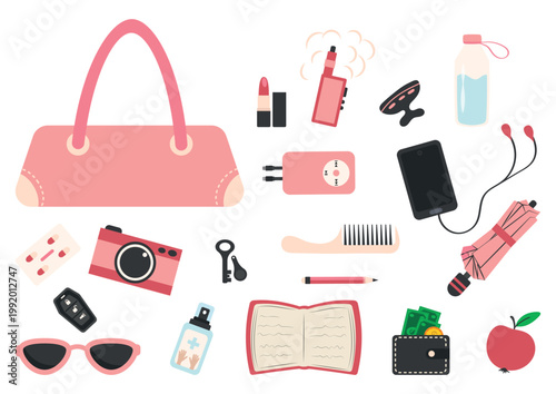 Set of female accessories and gadgets in pink and black colors