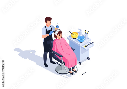 A barber cuts a man's hair in a salon with tools