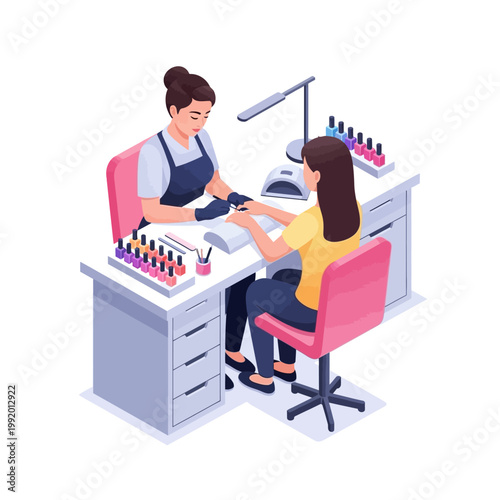 A nail technician carefully paints a client's fingernails at a salon workstation.