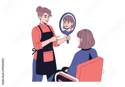 A stylist showing a satisfied client her new hairstyle in a mirror while sitting in a salon chair.