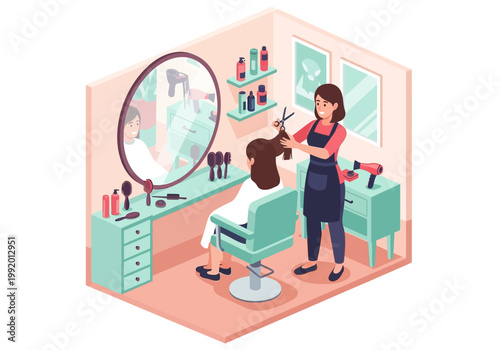 A hairdresser cuts a woman's hair in a salon chair with tools.