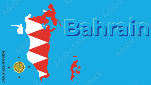 Kingdom of Bahrain flag-map silhouette on blue background with 3D title and compass.