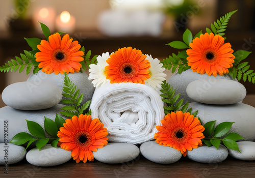 Elegant floral arrangement on rolled towels with orange blooms