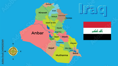 Republic of Iraq administrative map with governorates, national flag, Tigris and Euphrates rivers.