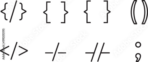 Set of coding and programming punctuation symbols, vector line art of curly braces, square brackets, parentheses, HTML tag signs and semicolon, minimalist web development elements isolated on white