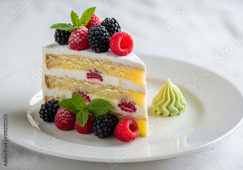 Elegant layered cake adorned with fresh berries and mint garnish