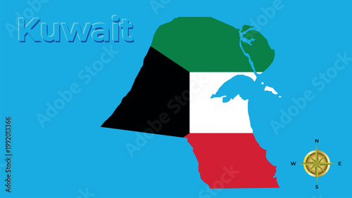 State of Kuwait flag-map silhouette on light blue background with compass rose and 3D title.