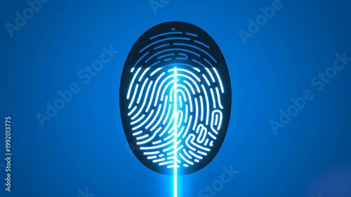 A glowing blue biometric fingerprint is scanned by a vertical light beam on a dark background. This animation represents cybersecurity, identity verification, and advanced touch ID technology.