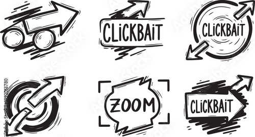 Hand drawn clickbait and zoom doodle set, vector speed arrows, social media marketing icons, explosive attention grabber elements, creative sketch for digital content isolated on white background
