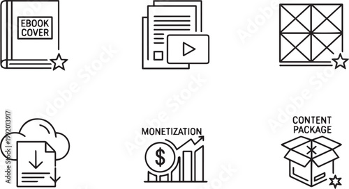 Set of digital marketing and online business icons, vector line art of ebook cover, video tutorial document, cloud download, monetization growth chart and content package box, isolated on white