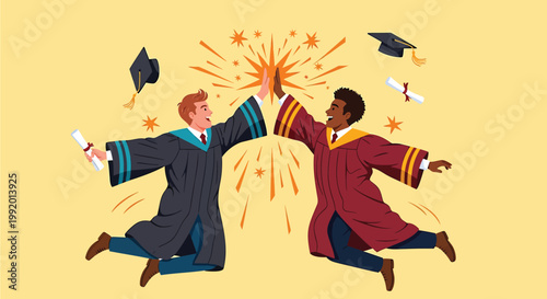 Graduation celebration, happy students jumping, academic achievement, university graduates