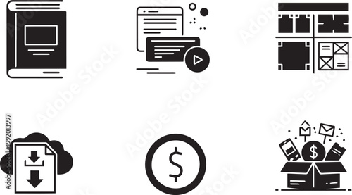 Set of digital entrepreneur and online business icons, vector ebook cover, online course interface, web design layout, cloud digital download, money monetization and content package with smartphone