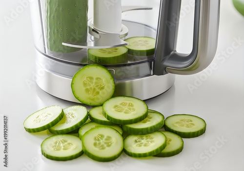 Fresh cucumber slices being fed into a food processor