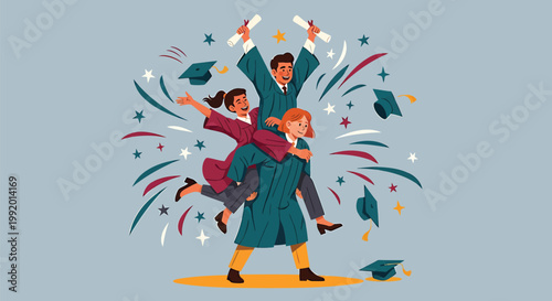 Graduation celebration, happy graduates, confetti and caps, education success