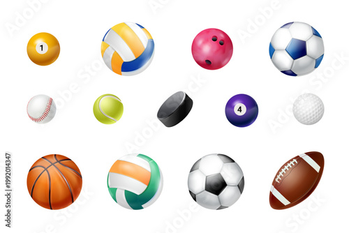 Realistic sport balls equipment. 3d basketball soccer baseball tennis volleyball rugby golf football puck handball snooker isolated player game ball set exact vector illustration