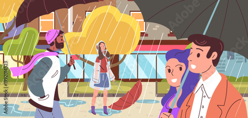 People rainy street. Rain weather, couple walking umbrella autumn city woman man walk town pavement people raincoat cold wet september romantic season classy vector illustration