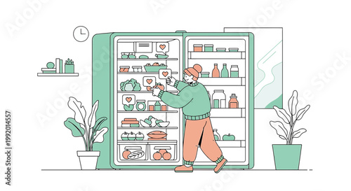 Woman Organizing Fridge with Healthy Food, Fresh Produce, and Heart Icons