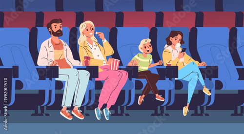 Family cinema theater. Happy parents children watching movie on seat chairs, enjoying looking film together audience mom dad kids weekend entertainment, classy vector illustration