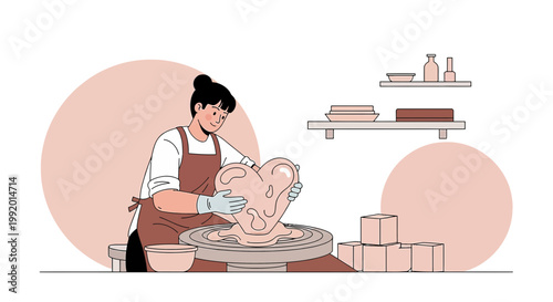 Woman Potter Crafting Abstract Heart Sculpture on Wheel in Studio