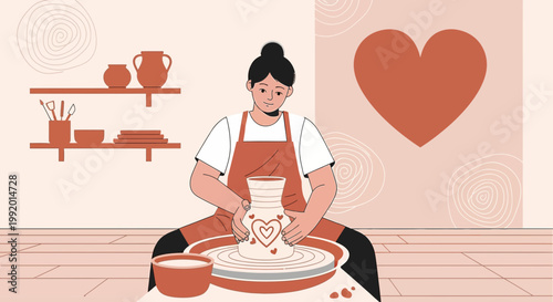 Woman Potter Crafting Heart Decorated Vase on Wheel, Hobby, Creative Art