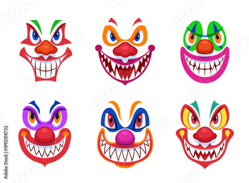 Clowns scary faces. Creepy evil clown makeup, halloween horror monster smile face mask mouth lips teeth nose joker crazy expression dead killer qualitative vector illustration