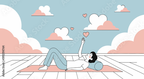 Woman Practicing Yoga on Mat with Heart Clouds Overhead, Serene Outdoor Setting