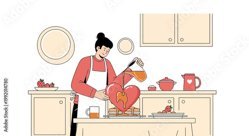 Woman pouring syrup on heart-shaped pancakes in kitchen, love for cooking concept