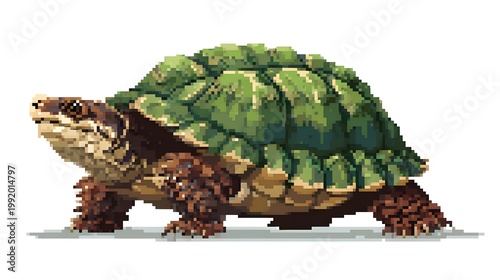 Green turtle pixel art illustration isolated on white background.