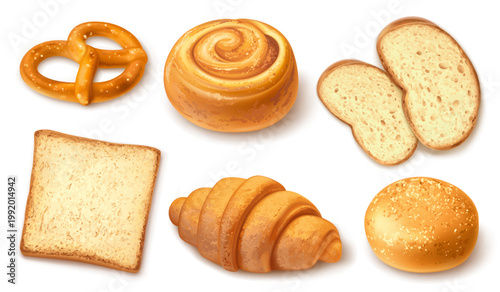 Realistic bakery product. 3d pastry food, pretzel sourdough bread french croissant bun wheat products cereal snacks handmade cooking baking isolated set garish vector illustration