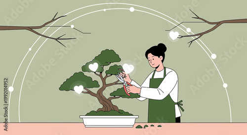 Woman Pruning Bonsai Tree with Heart Icons, Symbolizing Care and Growth